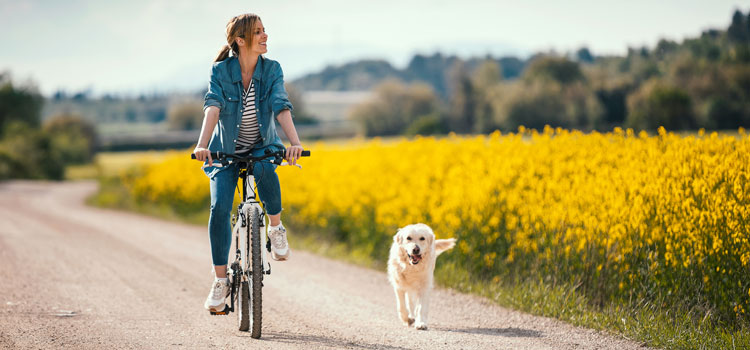 Frau fährt mit ihrem Fahrrad auf einem Schotterweg zwischen Feldern hindurch und neben ihr läuft ein Hund 